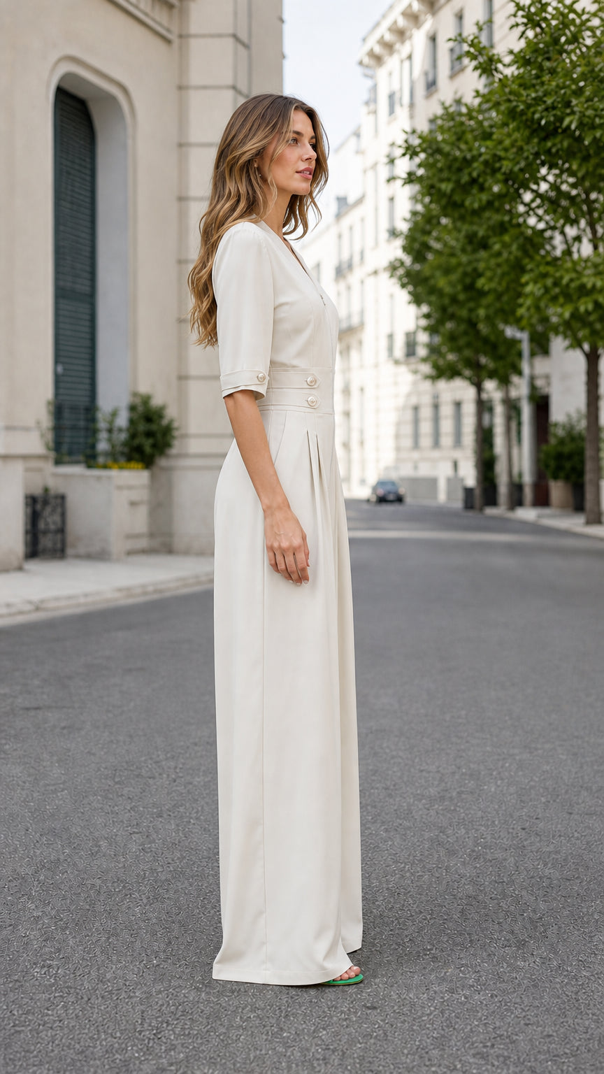 Cream wide-leg jumpsuit side profile view showing tailored drape