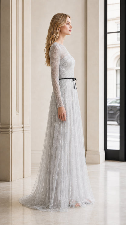 Side profile view of silver sequin evening gown