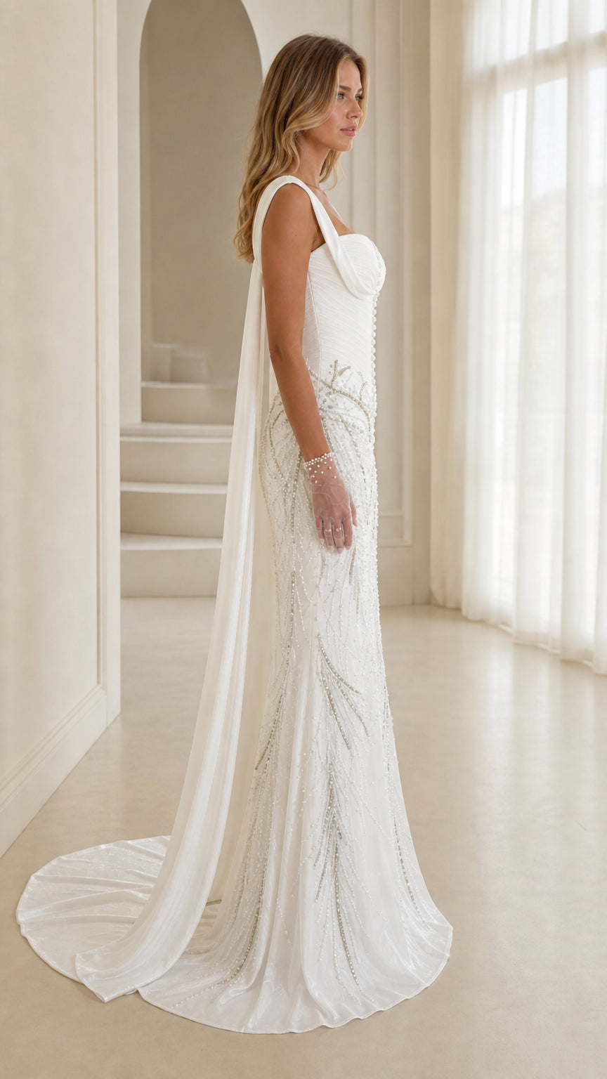 Side profile of white formal evening dress with cape detail