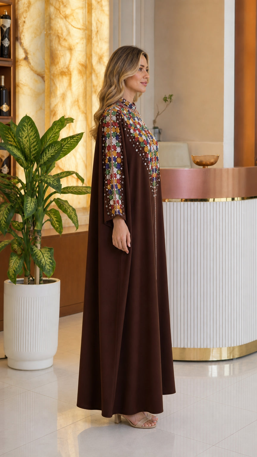 Side profile view of chocolate brown flowing modest kaftan dress with beaded collar