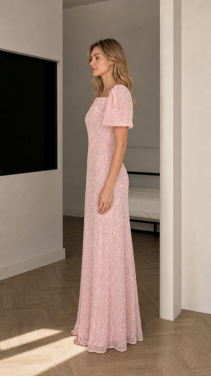 Side view of Blush Pink sequin formal evening gown