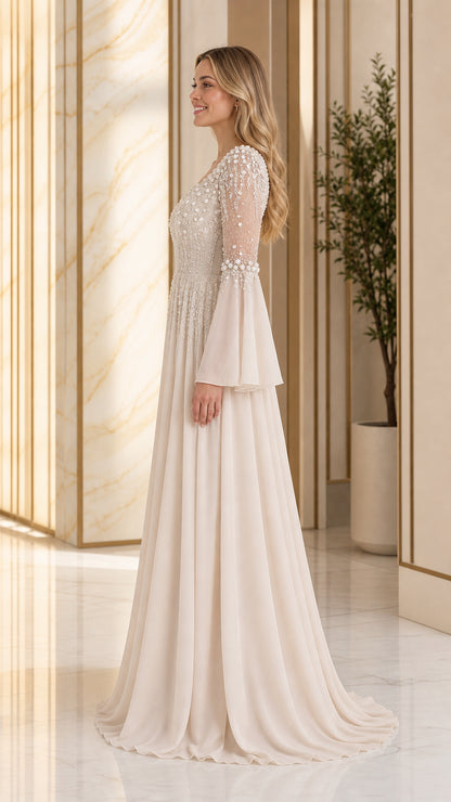 Side profile of elegant champagne formal maxi dress with flare sleeves