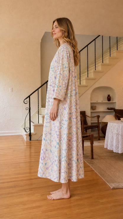 Side view of ivory floral embroidered kaftan dress