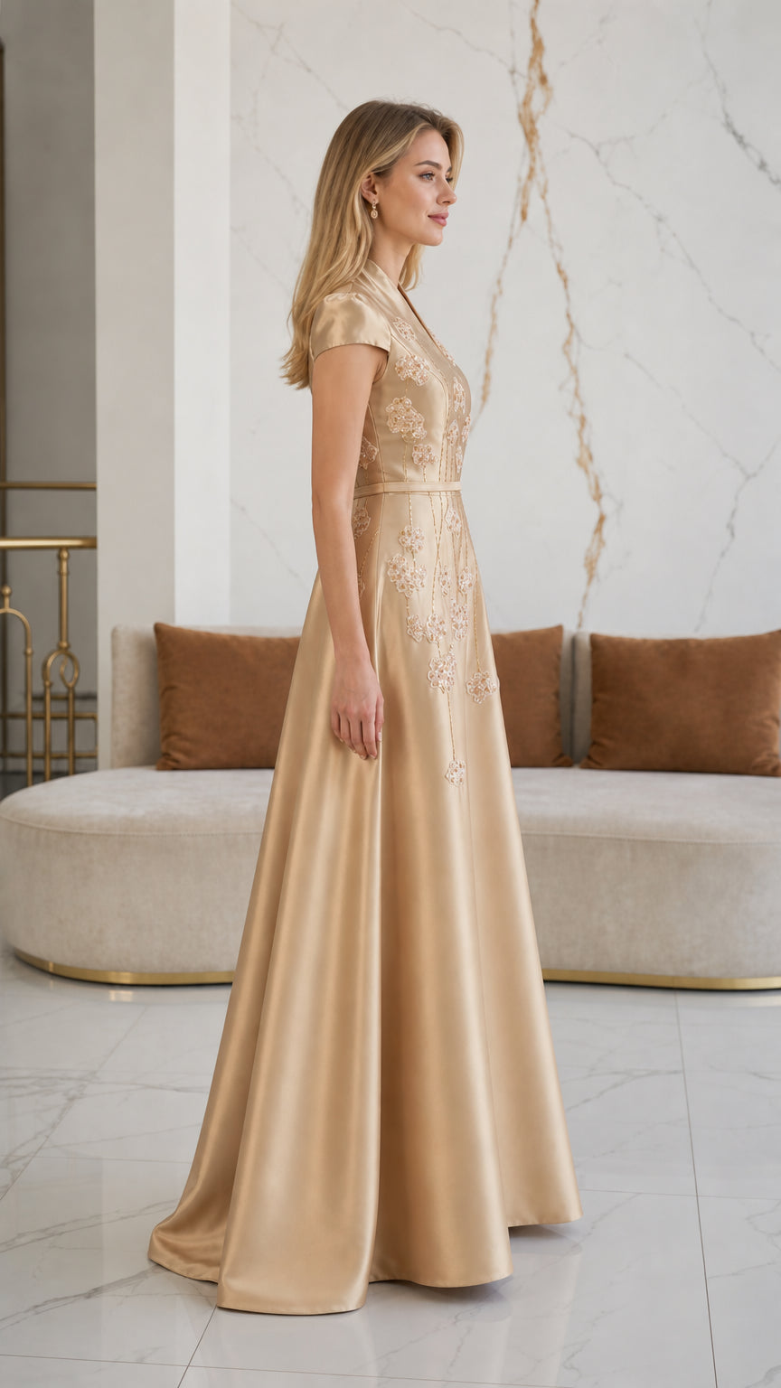 Side profile of champagne gold formal A-line satin maxi gown