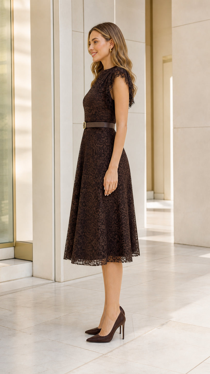 Side view of dark brown lace midi dress