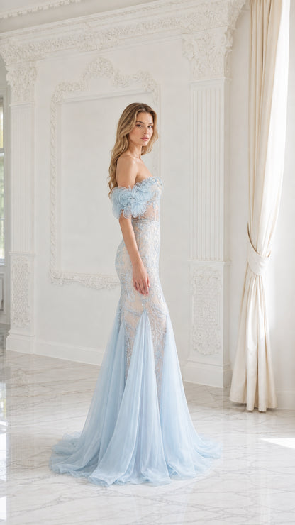 Side profile view of light blue evening gown