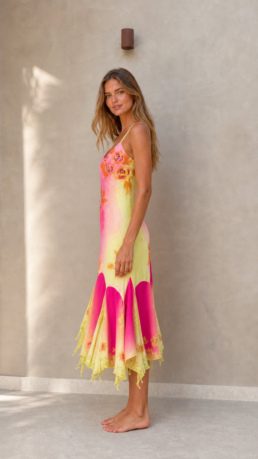 Side profile view of Yellow Pink midi slip dress