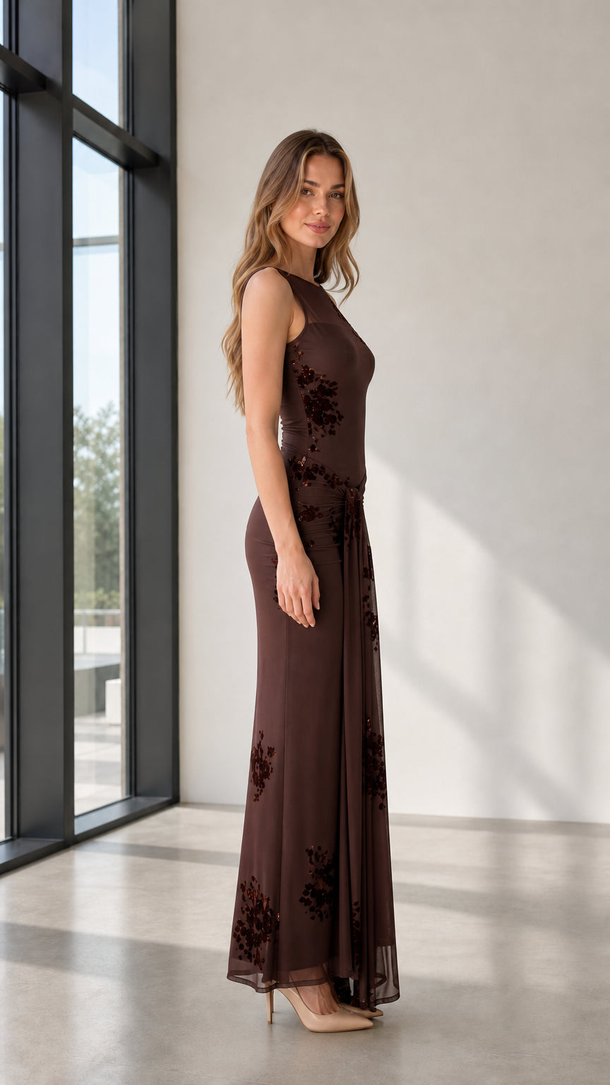 Side profile of brown evening gown