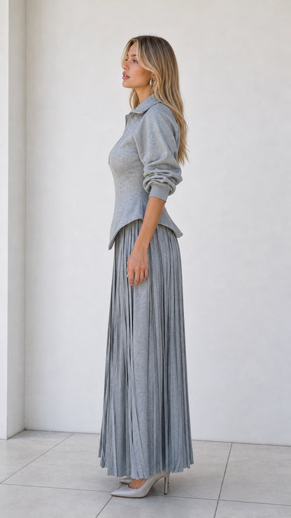 Side profile of model wearing heather grey two-piece knit matching set