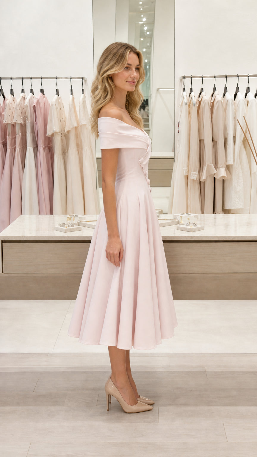Side profile view of blush pink midi dress