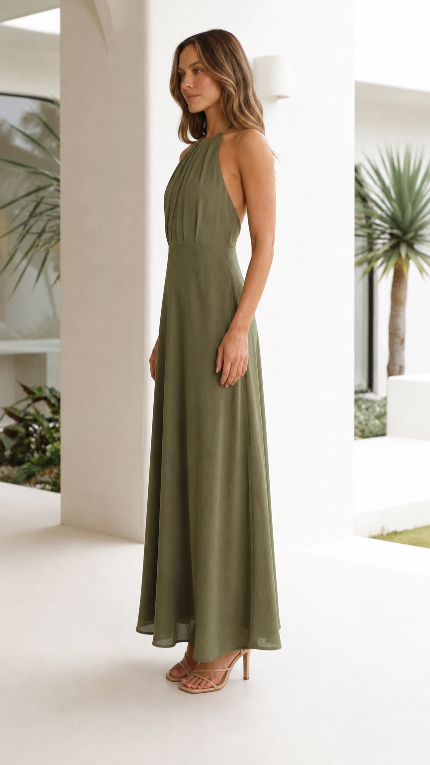 Elegance Halter Pleated Maxi Dress in Olive side view