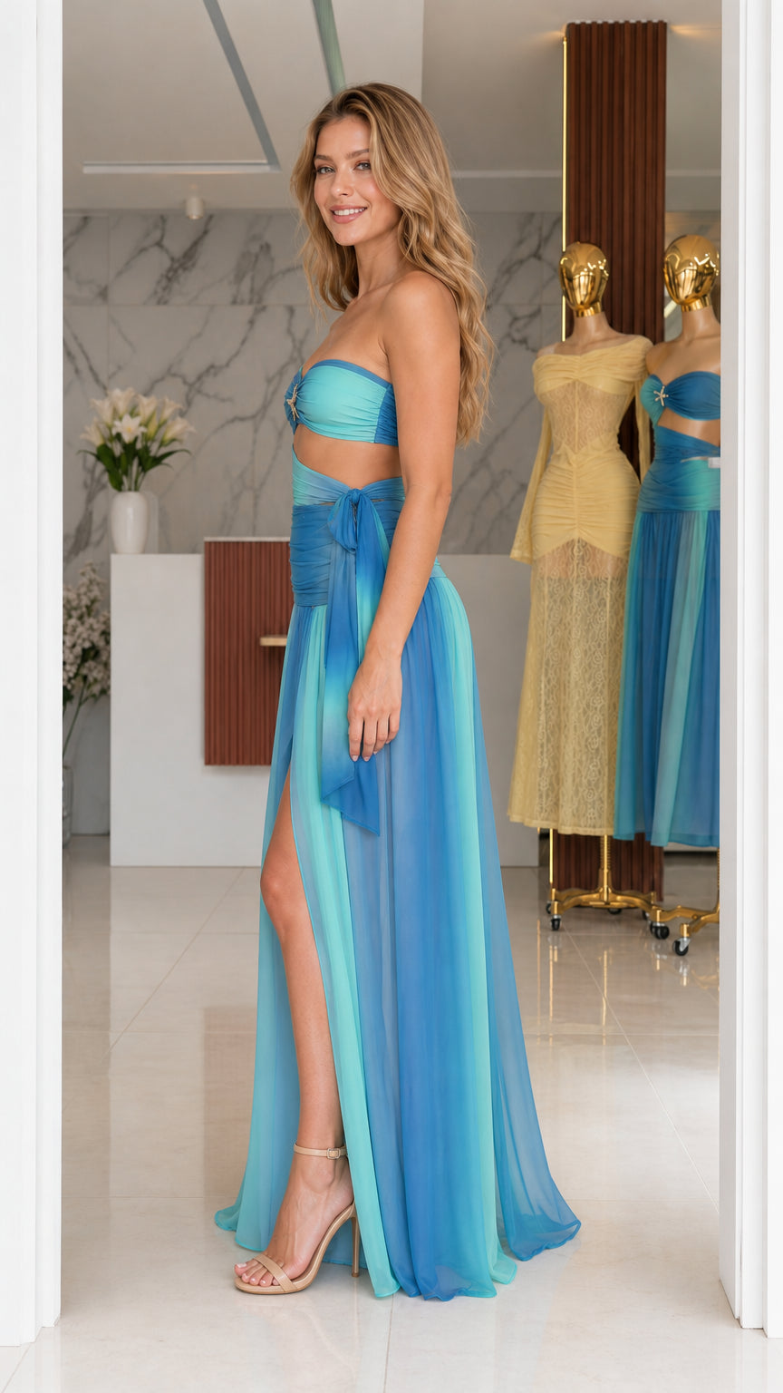Model wearing blue ombre dress side profile view