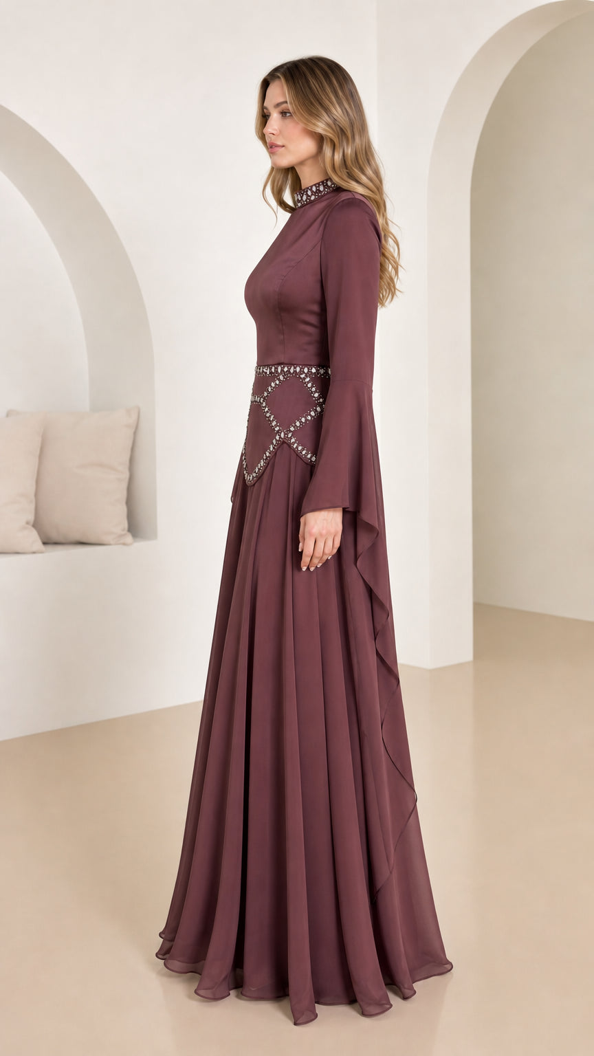 Side profile of burgundy formal evening gown
