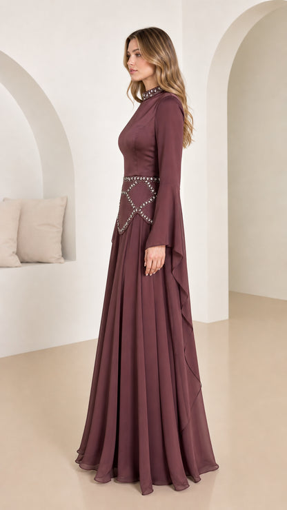 Side profile of burgundy formal evening gown