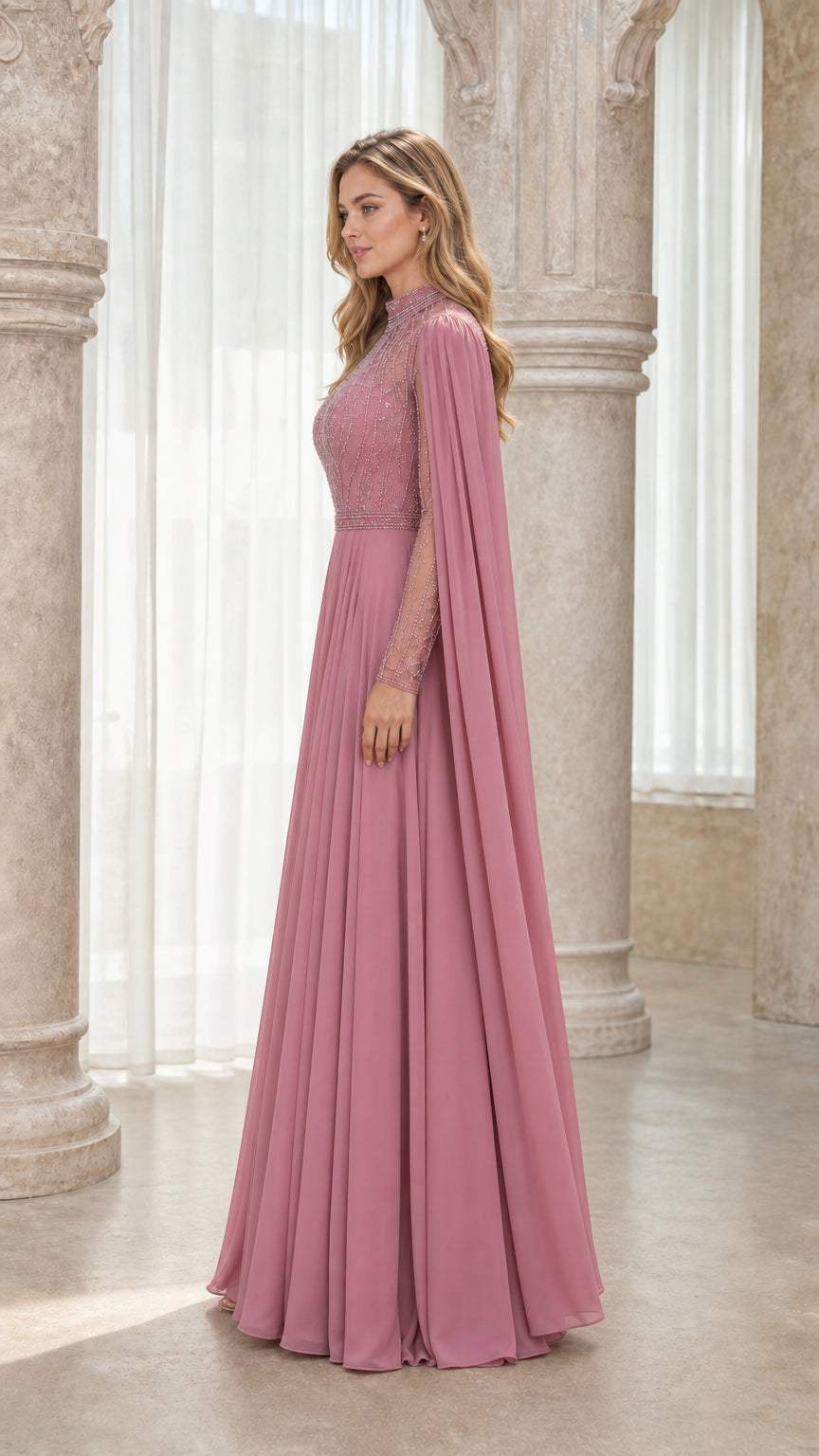 Side profile of pink evening gown
