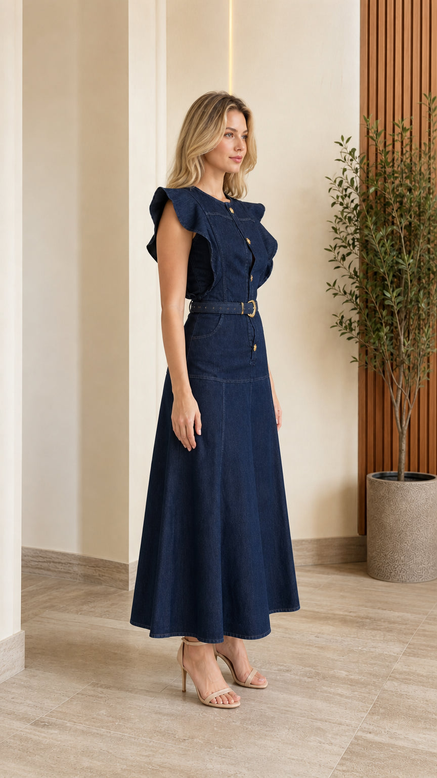 Side angle view of woman wearing Dark Blue denim maxi dress