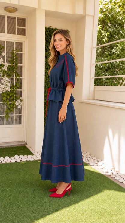 Side view of Navy Blue matching top and skirt set