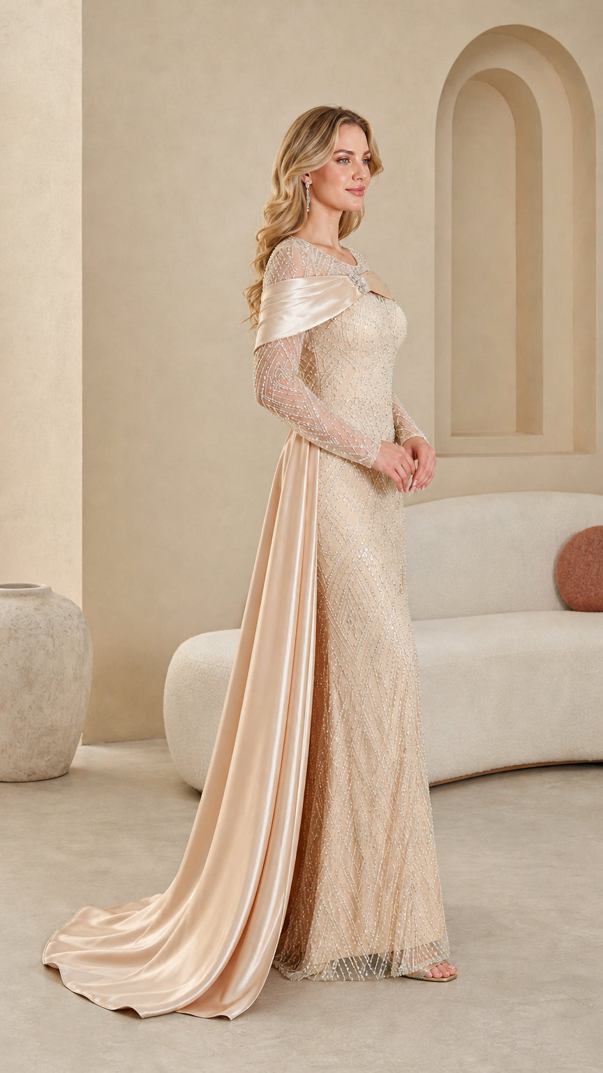 Side profile of champagne formal gown showcasing long satin train
