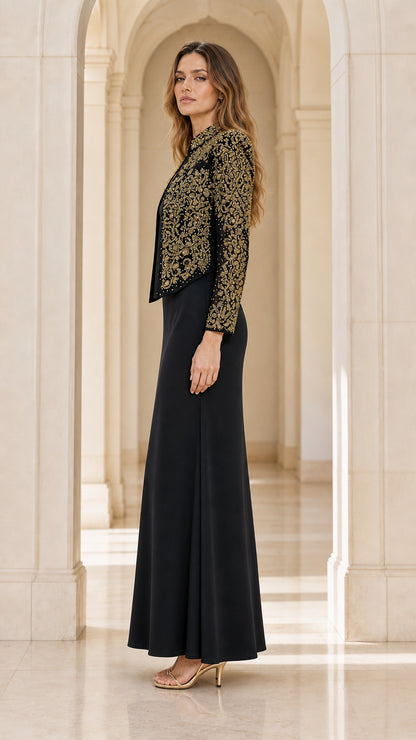 Side profile view of black evening dress set