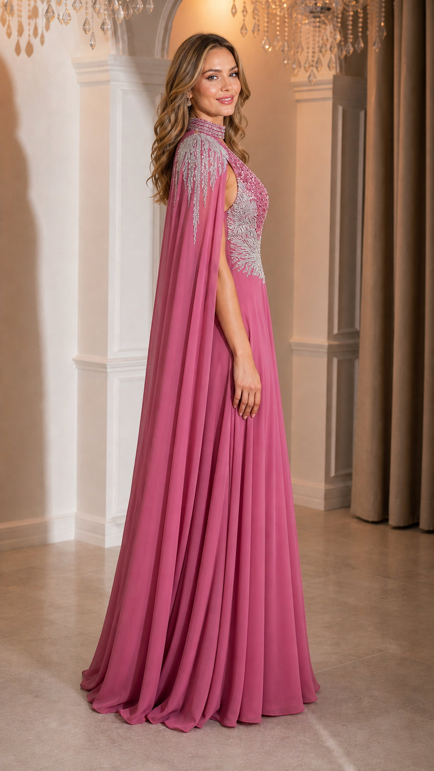 Rose pink cape sleeve formal maxi dress side profile view
