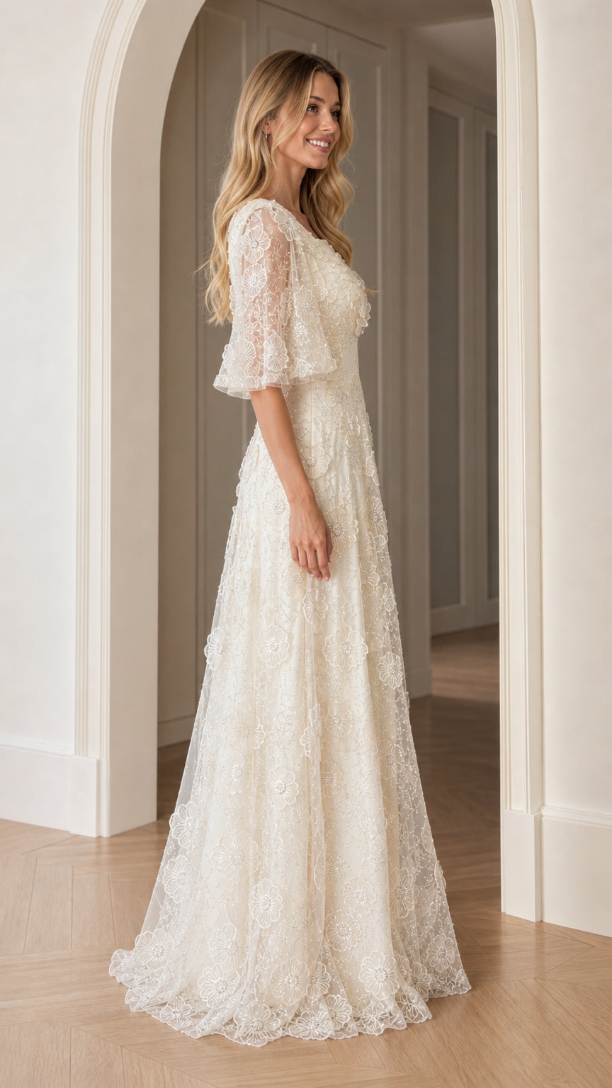 Side profile view of champagne floral maxi dress