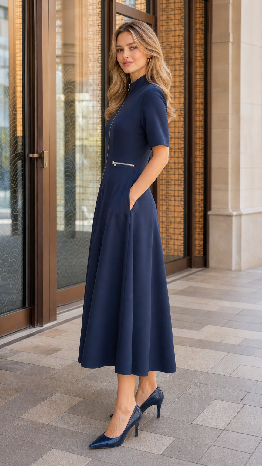 Side profile view of woman in navy midi dress
