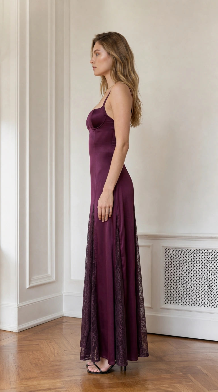 Model wearing plum satin dress side profile
