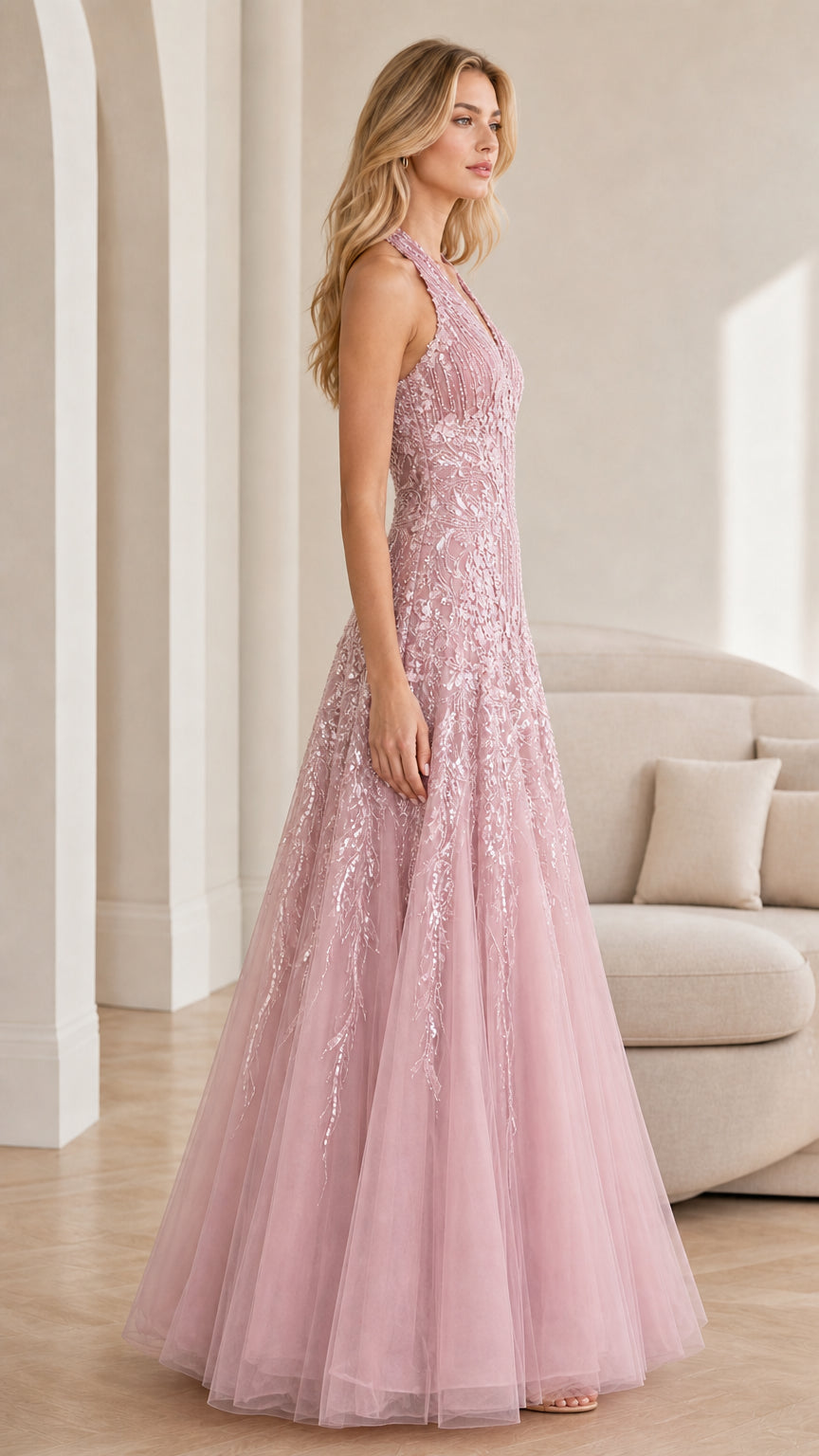 Side profile of pink tulle evening dress