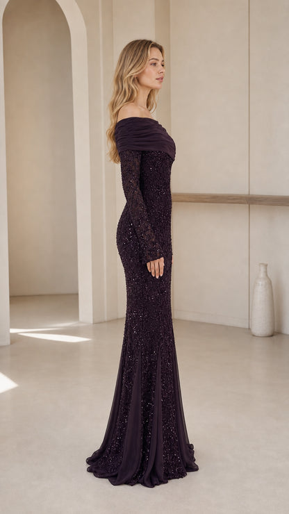 Side profile view of the plum sequin evening gown