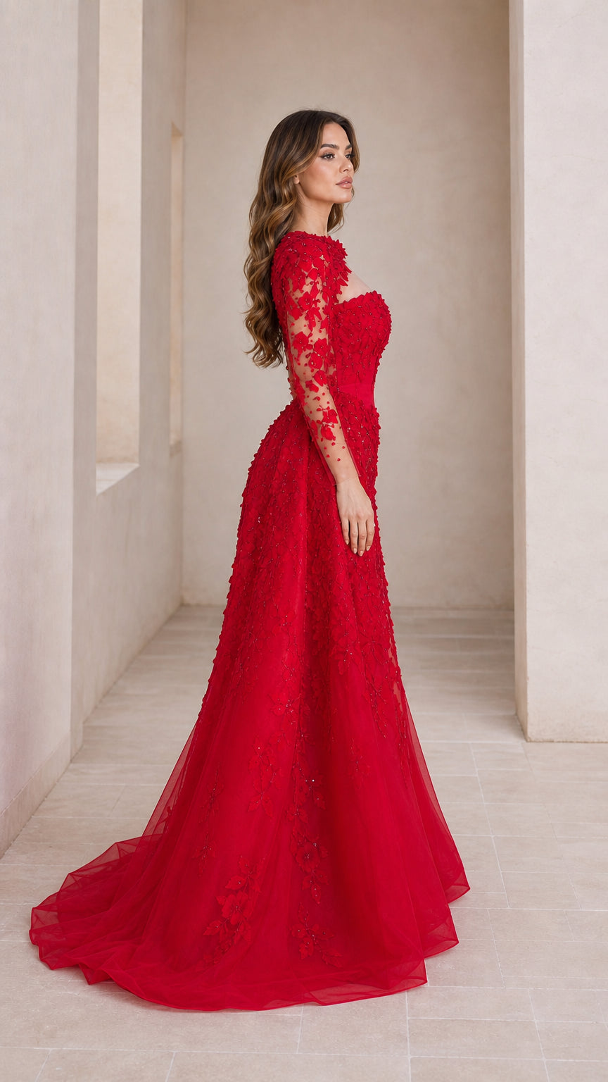 Side profile view of red formal gown with sweep train