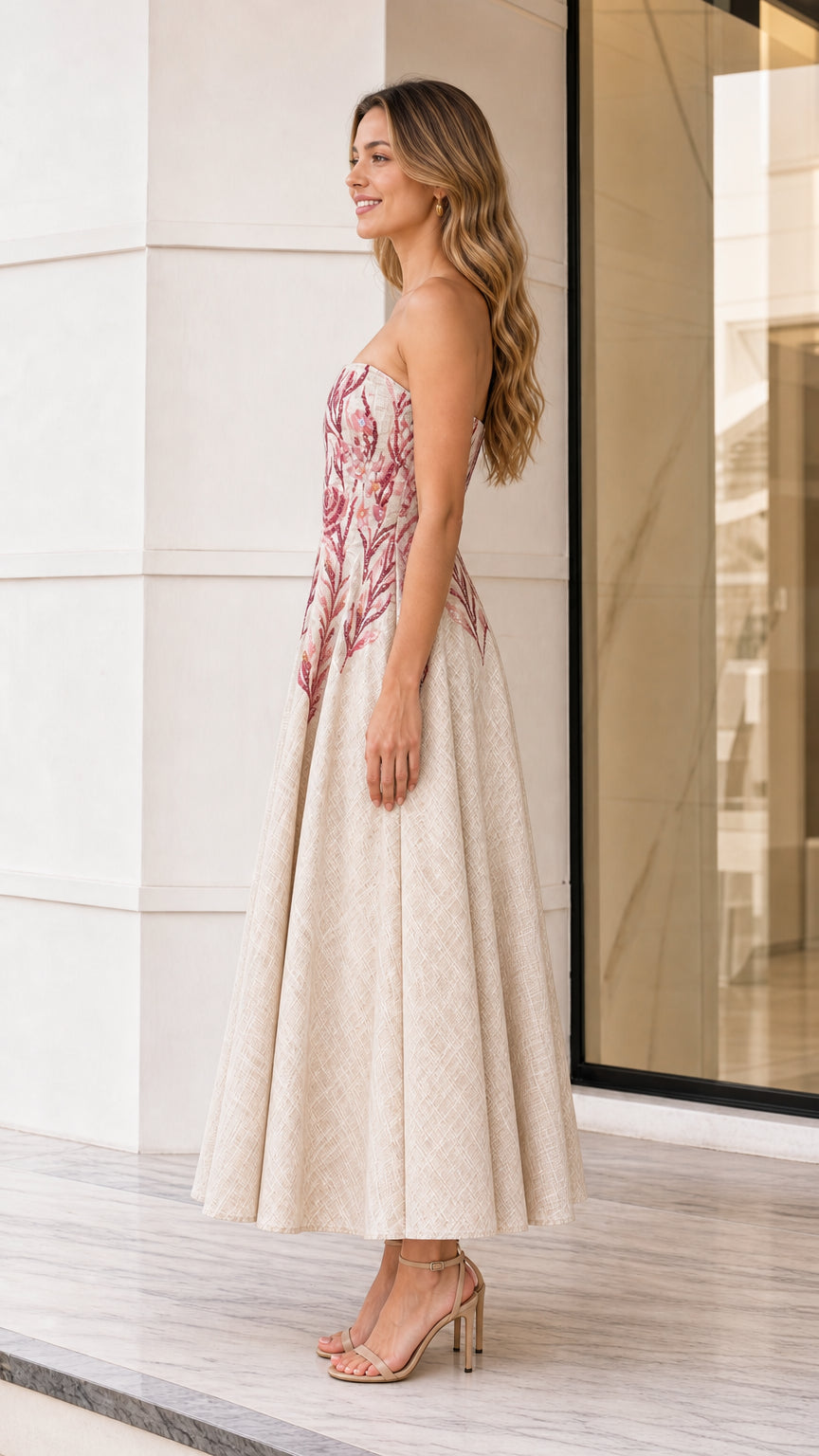 Side profile of model in beige strapless embroidered midi dress