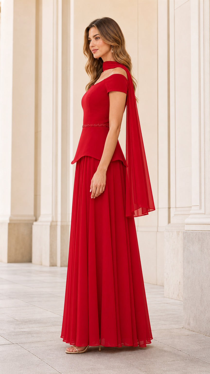 Side profile view of red formal evening gown with draped scarf