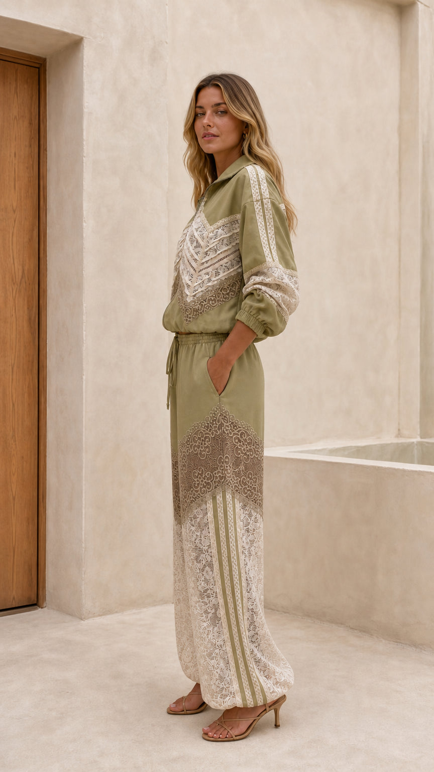 Side profile view of sage green lace matching set