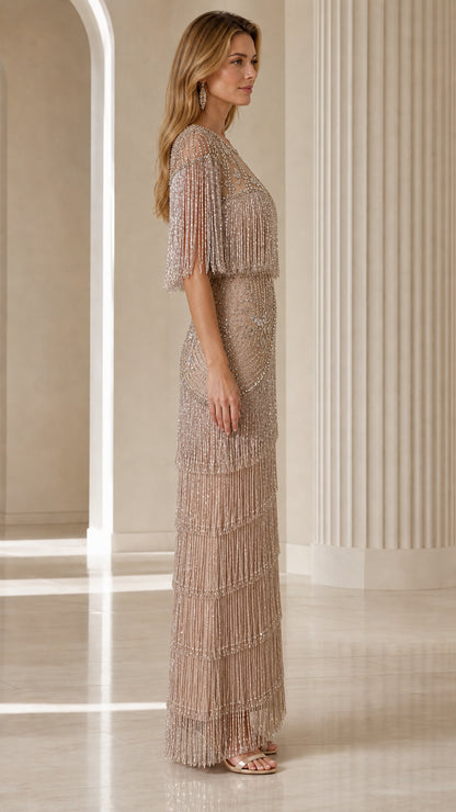 Side profile view of Champagne Beaded Dress