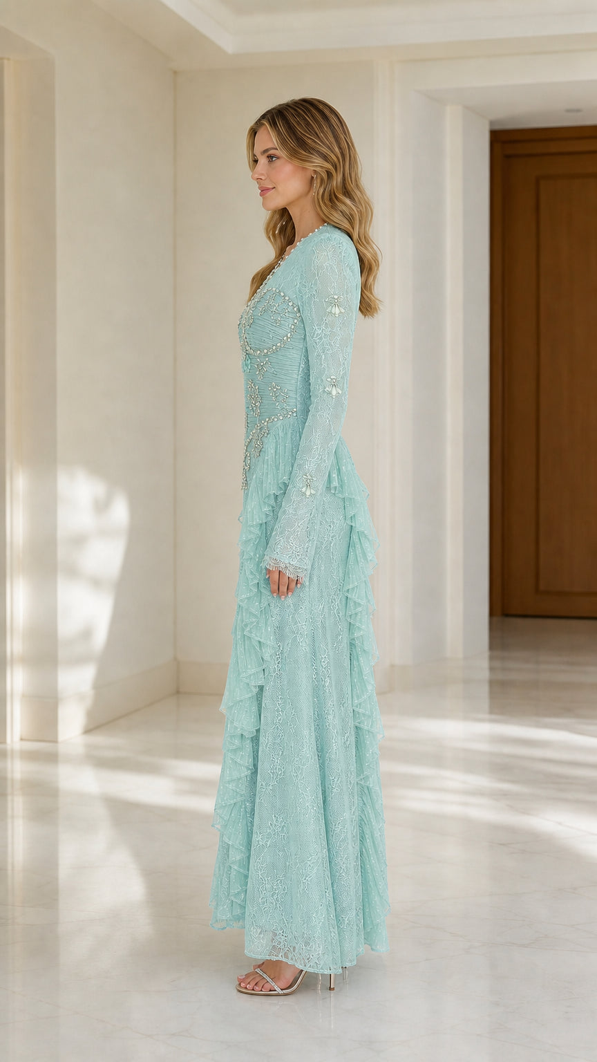 Mint Green Long Sleeve Lace Formal Gown side profile