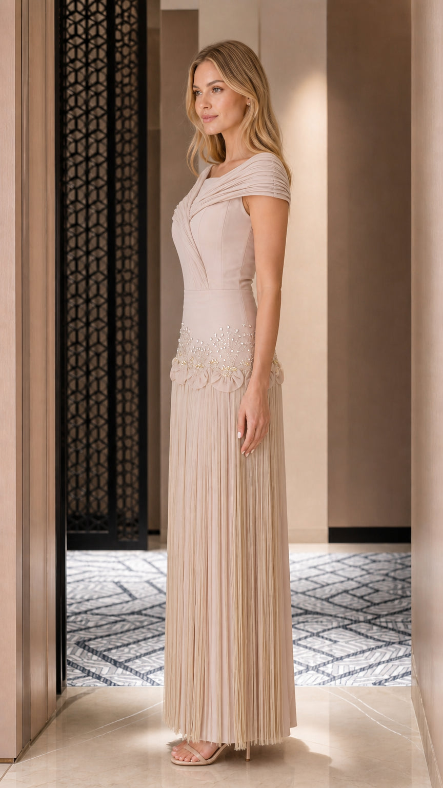 Side profile view of champagne evening gown