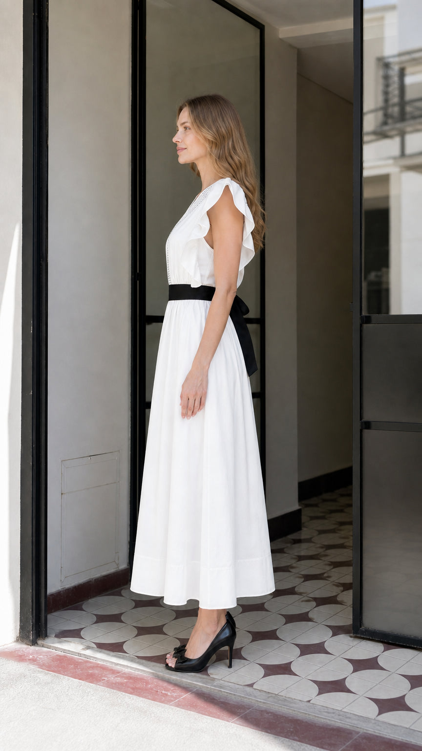 Side profile view of woman in white midi dress