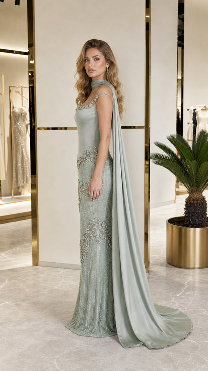 Side profile of sage green evening gown showing flowing cape