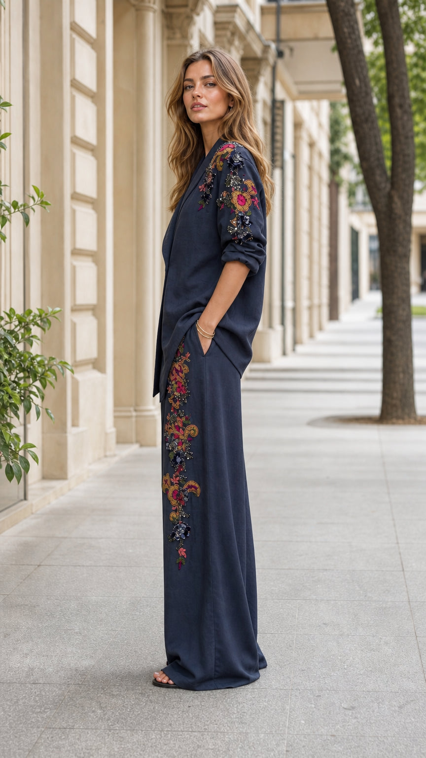 Side profile view of navy two-piece embroidered pants set