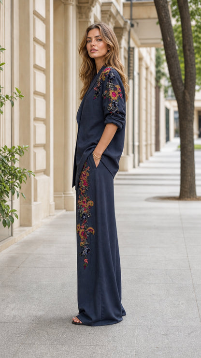 Side profile view of navy two-piece embroidered pants set