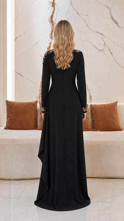 Back view of black floor-length formal gown