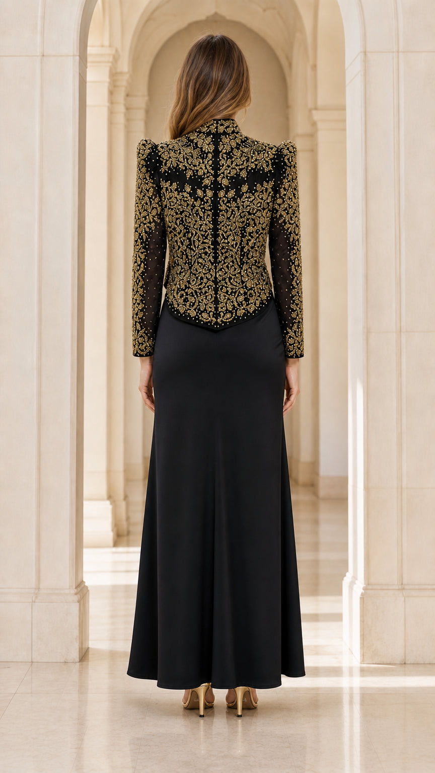 Back view of black beaded evening jacket and gown