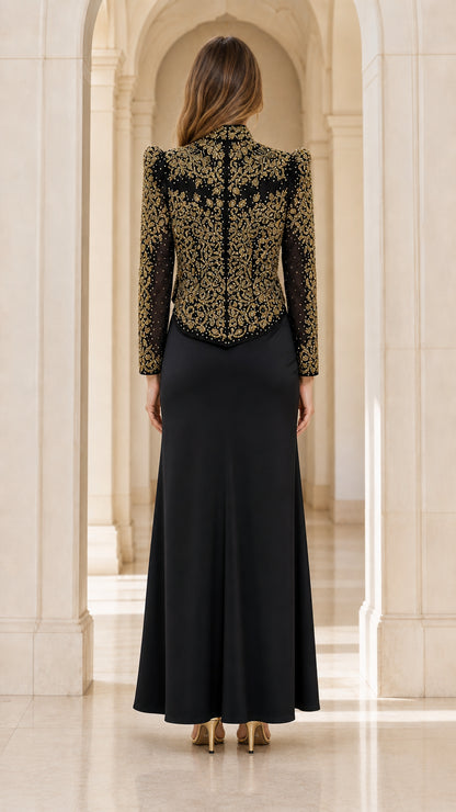 Back view of black beaded evening jacket and gown