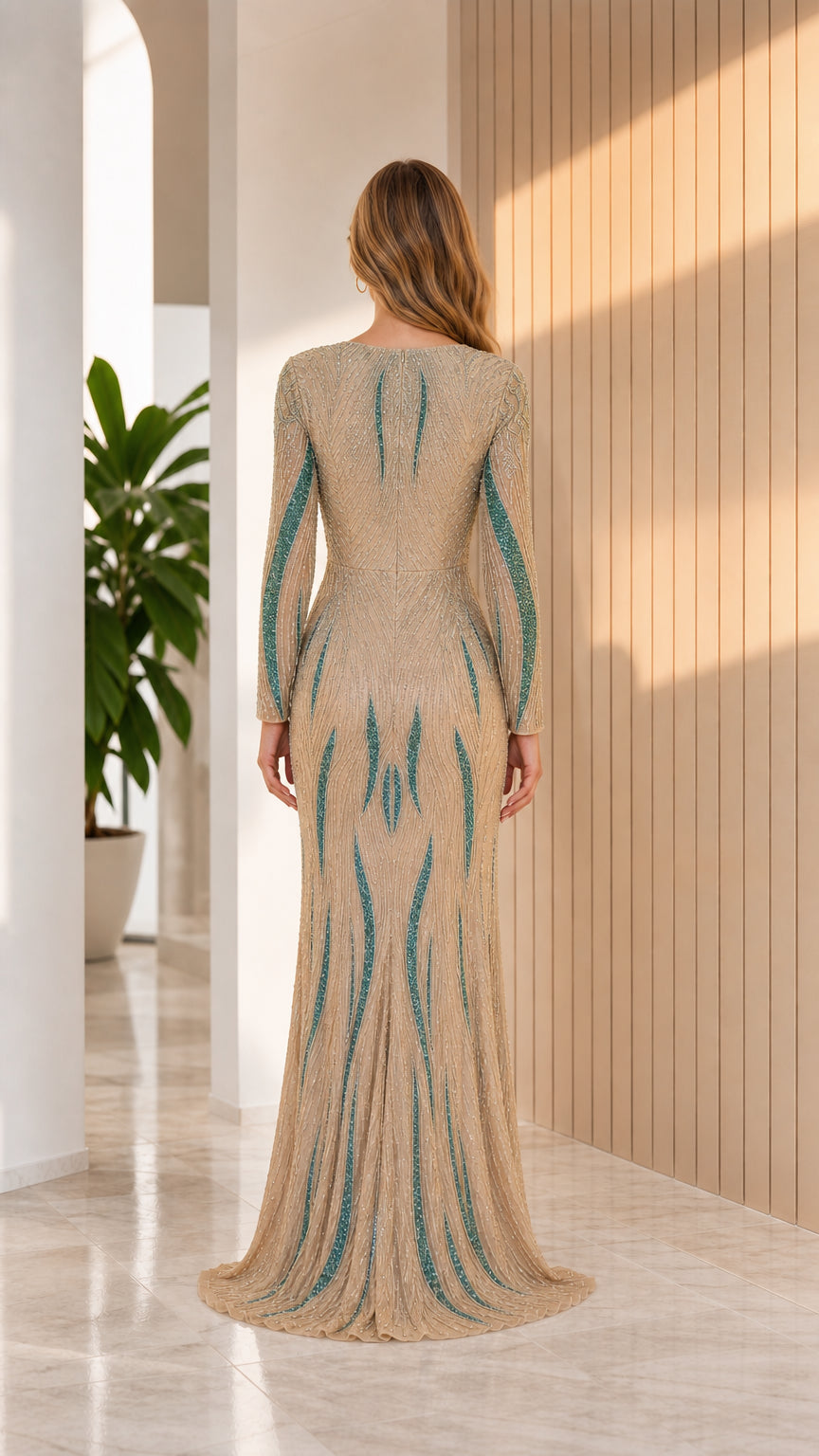 Back view of Champagne beaded floor-length evening gown