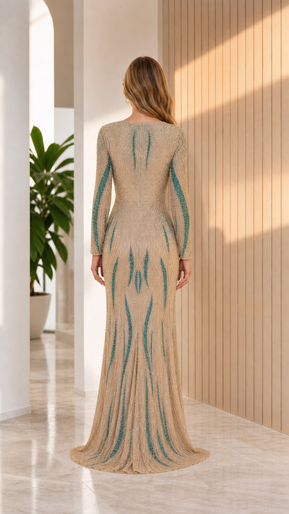 Back view of Champagne beaded floor-length evening gown