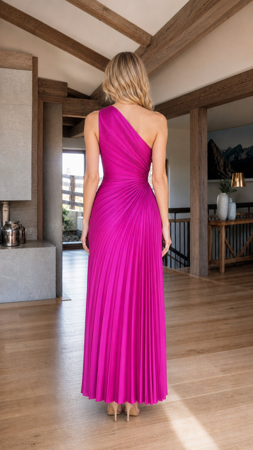 Back view of woman wearing fuchsia one-shoulder maxi dress