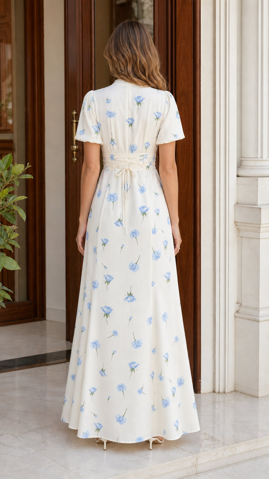 Ivory floral maxi dress shown from the back