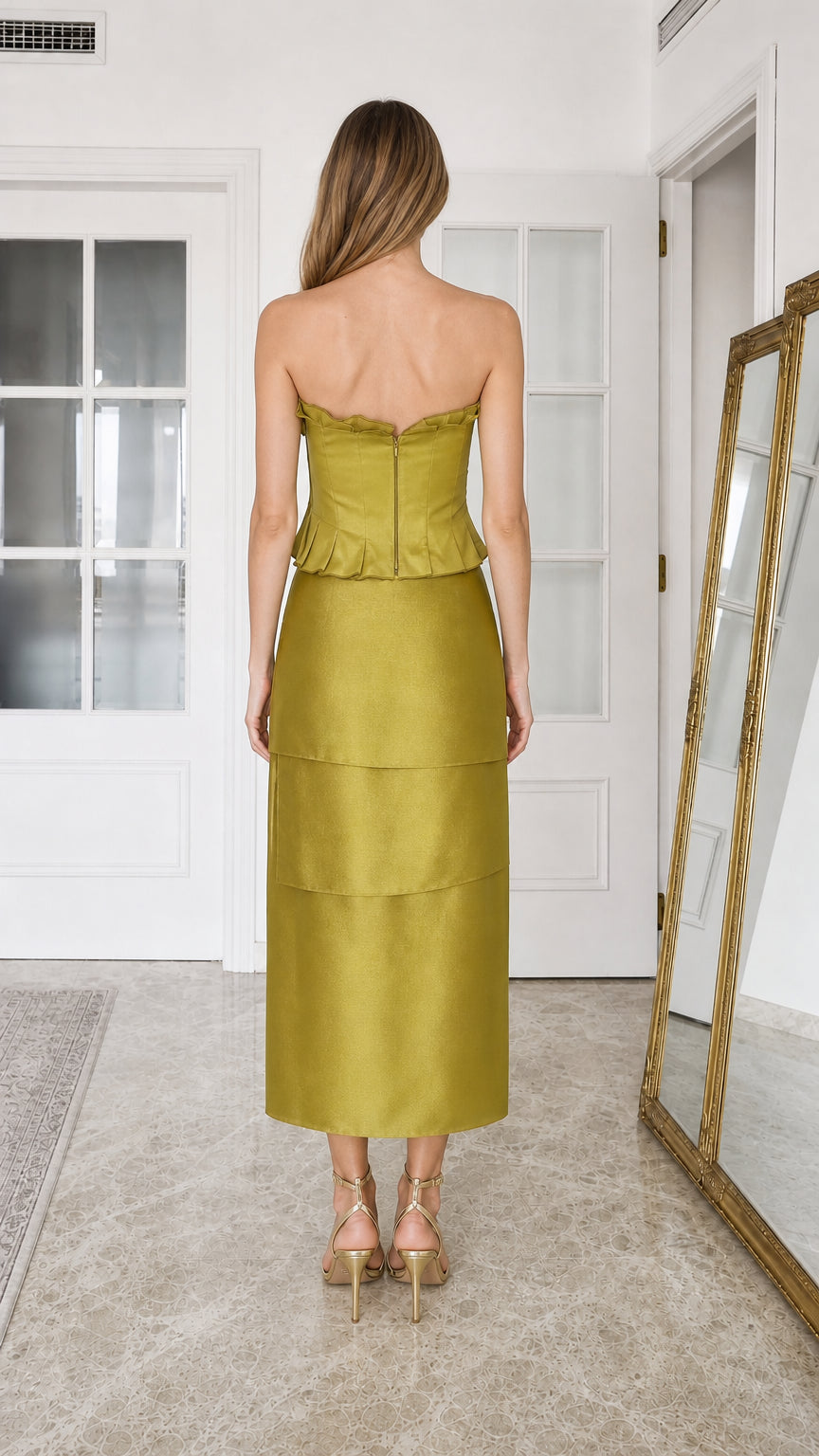 Back view of olive strapless two-piece set