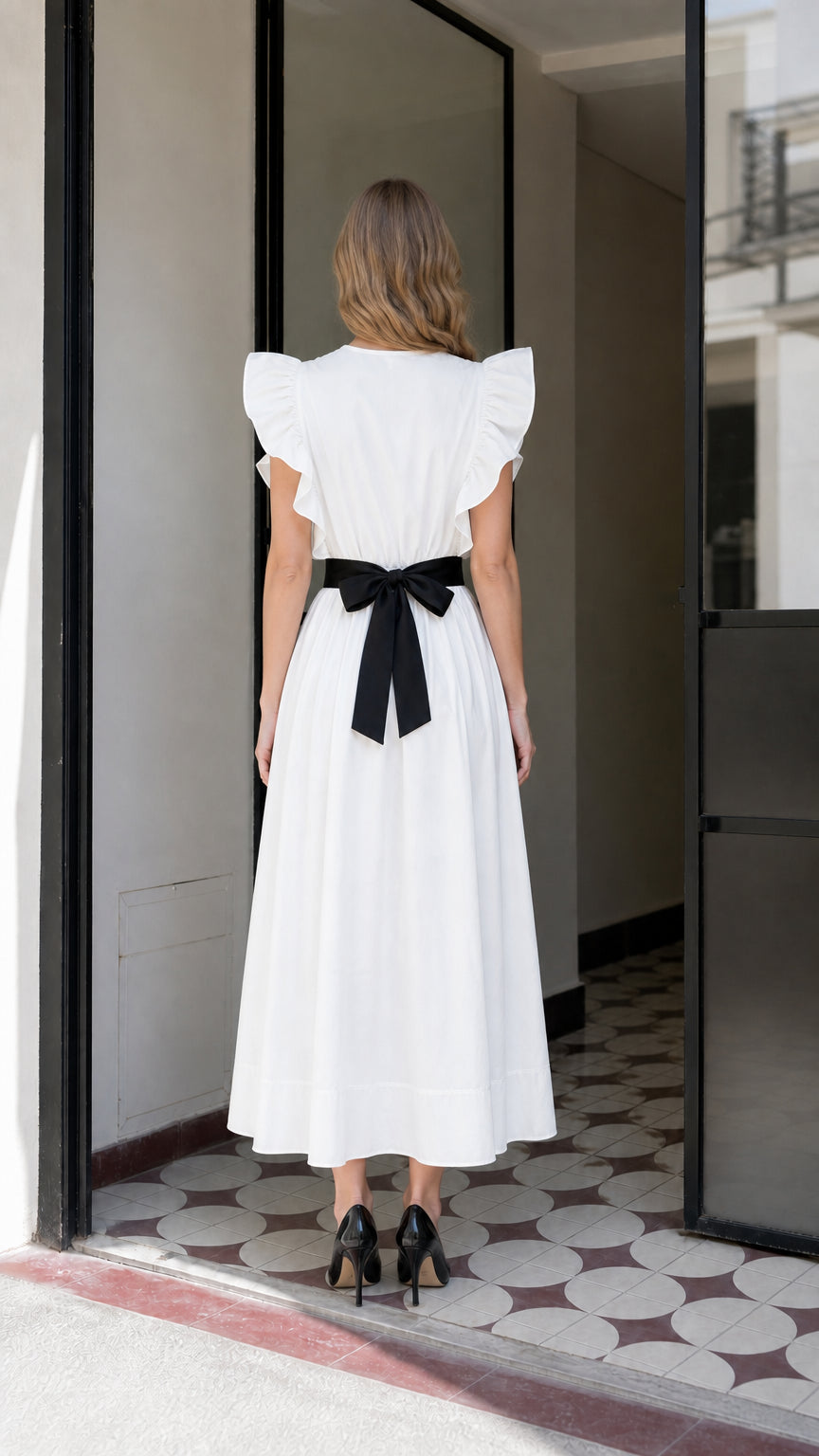 Back view of woman in white midi dress showing bow detail
