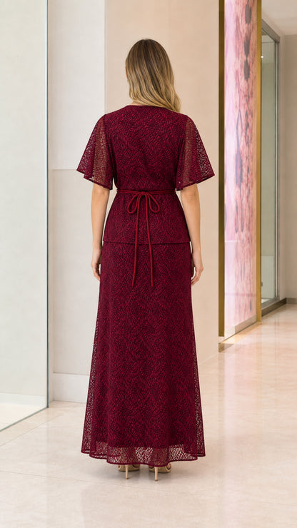 Back view of model in burgundy lace maxi dress